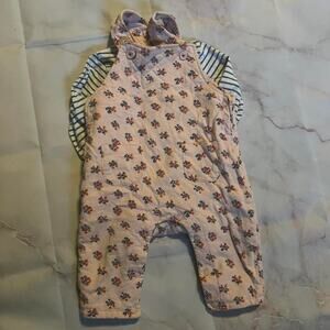 Baby boden pink & floral overalls w/ coordinating blue & white striped top | 6-9